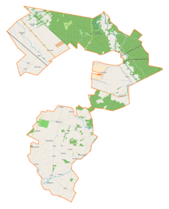 Mapa konturowa gminy wiejskiej Skierniewice, na dole nieco na lewo znajduje się punkt z opisem „Żelazna”