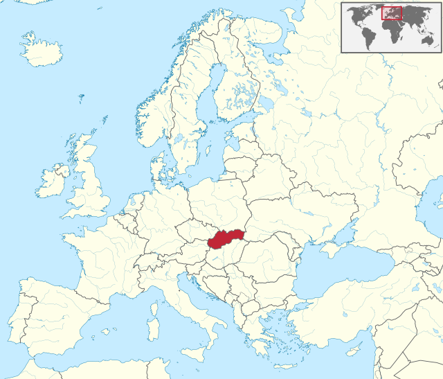 Carte administrative de l'Europe, montrant la Slovaquie en rouge.