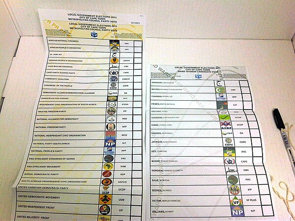 Two ballot papers from the 2011 South African municipal election in Cape Town. The ballot on the left is for the party-list proportional representatio