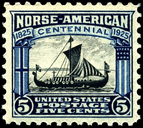 A 1925 U.S. postage stamp featuring the ship Viking honoring the 100th anniversary of Norwegian immigration.