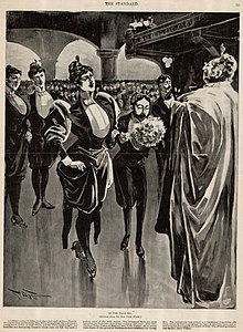 Black and white cartoon of a tall woman in a dress reaching her knees and a shorter man holding a bouquet. Both are in front of a robed figure. Each of the marrying couples has a couple of their same-sex and similar attire behind.