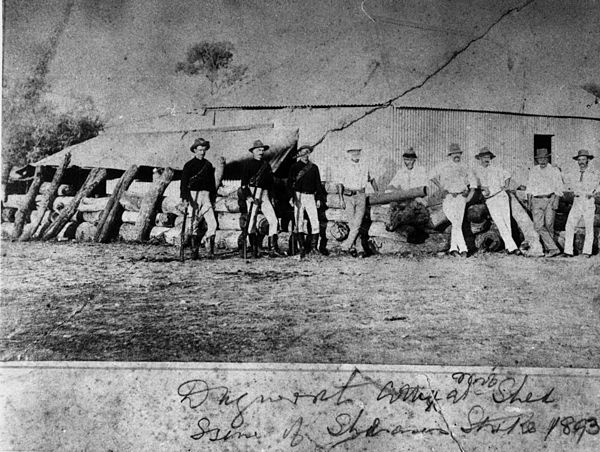 Fortified temporary shearing shed at Dagworth Station following the 1894 arson of the main shed. The three troopers at left are thought to be those re