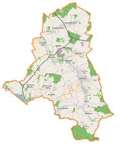 Mapa konturowa gminy Sulików, na dole po prawej znajduje się punkt z opisem „Miedziana”