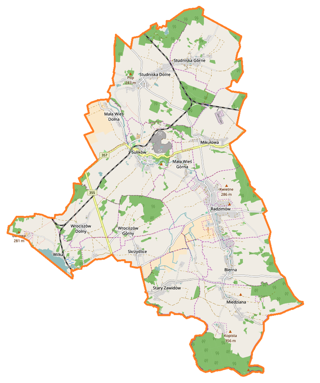 Mapa konturowa gminy Sulików, na dole nieco na prawo znajduje się punkt z opisem „źródło”, natomiast w centrum znajduje się punkt z opisem „ujście”