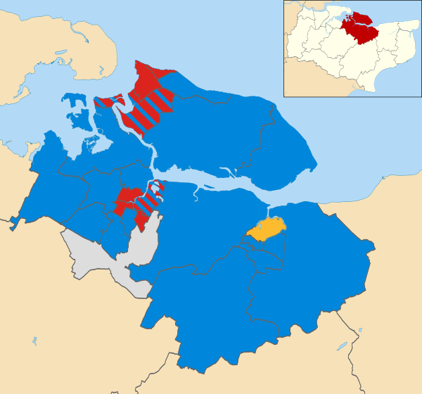 Map of the results of the 2011 Swale Borough Council election. Conservatives in blue, Labour in red, Liberal Democrats in yellow and independent in light grey.