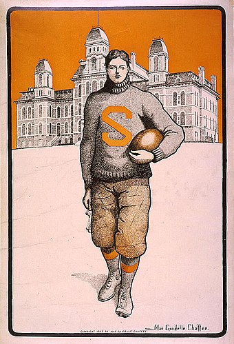 Syracuse football player with Hall of Languages behind him (c.1903).