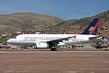 A TACA Perú Airbus A319-100 taxiing at Alejandro Velasco Astete International Airport in 2010