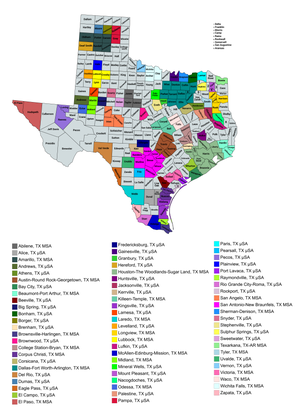 An enlargeable map of the 71 core-based statistical areas in Texas. Texas CBSAs 2020.png