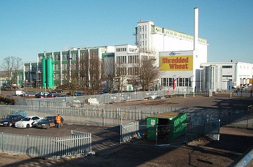 The Shredded Wheat factory as it was in 2007 while still in operation.  The landmark Shredded Wheat sign, visible from trains arriving in Welwyn Garden City, has now been removed.