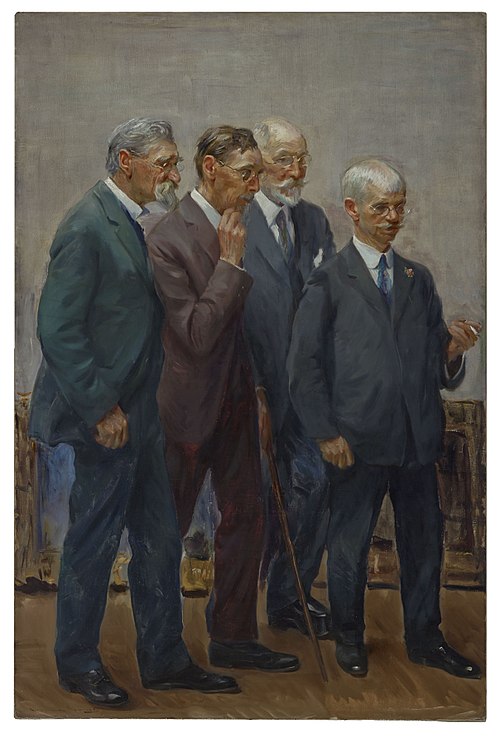 Steele pictured to the far left in the painting "The Art Jury" by Wayman Elbridge Adams
