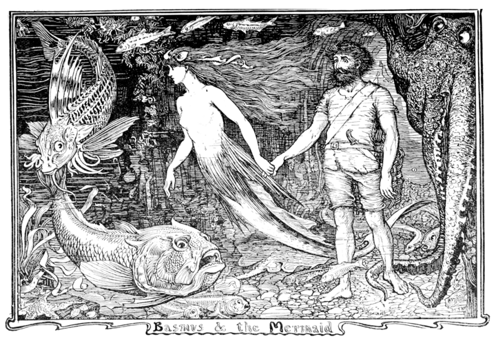 black and white full page illustration of a man and a mermaid on the sea floor. They are holding hands as if she is leading him somewhere. The man has a full beard and a simple tunic and shorts and a knife tucked into his belt; he looks perplexed and surprised. The mermaid has a long sinuous tail and wears no clothing except for a headpiece of seaweed and conches in her long flowing hair. There are two large fish on the side that they are facing and on the other side a large octopus peers out from behind a rock at them, one tentacle placed very near the man’s foot.