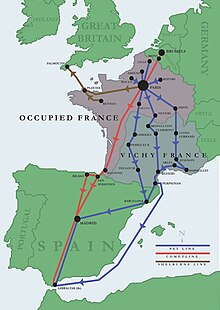 The routes used by the escape lines to smuggle airmen out of occupied western Europe. The routes used by escape lines to help downed airmen escape Nazi-occupied Europe,.jpg