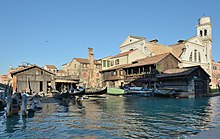 The squero San Trovaso and church in Venice.JPG