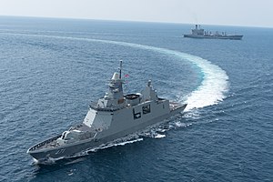 The Royal Thai Navy frigate HTMS Bhumibol Adulyadej (FFG-471) sails in formation Guardian Sea 2019.