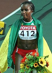 Tirunesh Dibaba was only 20 when she won two gold medals and set the 5000 metres record. Tirunesh Dibaba Victory.jpg