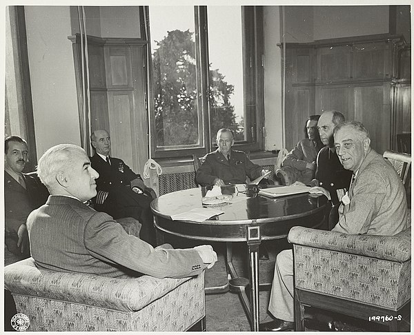 Yalta American Delegation in Livadia Palace from left to right: Secretary of State Edward Stettinius, Maj. Gen. L. S. Kuter, Admiral E. J. King, Gener