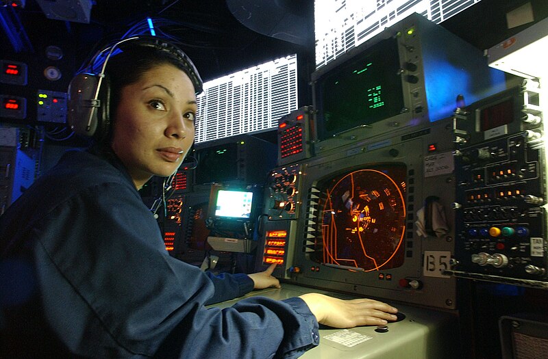 File:US Navy 030402-N-4768W-029 Operations Specialist 2nd Class Sheila McCarthy from Seattle, Wash., monitors aircraft traffic.jpg