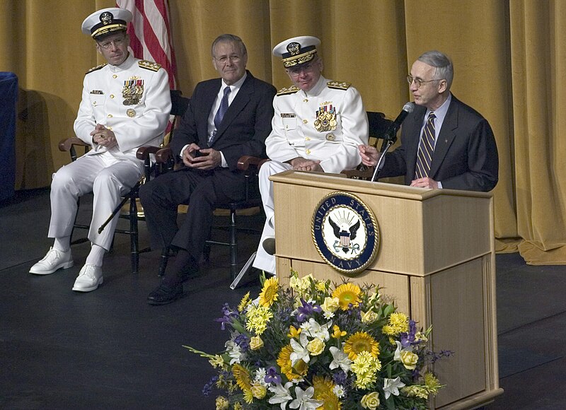 File:US Navy 050722-N-0295M-007 Secretary of the Navy Gordon England gives his address at the Chief of Naval Operations change of command ceremony. Adm. Mike Mullen relieved Adm. Vern Clark as Chief of Naval Operations (CNO).jpg