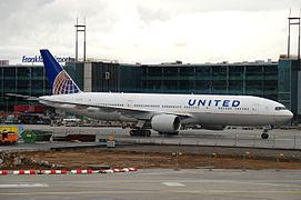 Boeing 777-200ER taxiing at Frankfurt Airport.