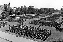 Navy ROTC cadets in formation on Notre Dame's campus during World War II University of Notre Dame during World War II.jpg