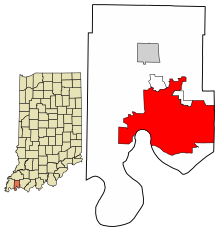 Vanderburgh County Indiana Incorporated and Unincorporated areas Evansville Highlighted 1822000.svg