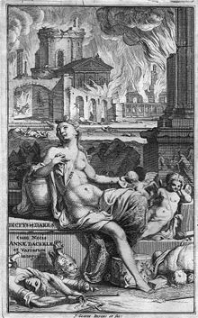 Venus and Cupid observe the destruction of Troy: frontispiece of the 1702 edition of Dictys, Dares and Joseph of Exeter VenusatTroy.jpg