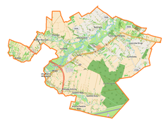 Mapa konturowa gminy Wólka, po lewej nieco na dole znajduje się punkt z opisem „Jakubowice Murowane”