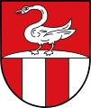 Gemeinde Ammerthal Geteilt; oben in Rot auf silbernem Boden ein angreifender silberner Schwan, unten dreimal gespalten von Rot und Silber.