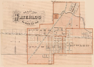 Waterloo, Indiana from 1876 Illustrated Historical Atlas of the State of Indiana, Baskin, Forster, Co., Chicago. Waterloo, Indiana 1876.PNG