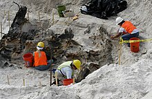 Archaeologists examine the remains of a 16th century shipwreck on the beach at NAS Pensacola. Wooden shipwreck at NAS Pensacola.jpg