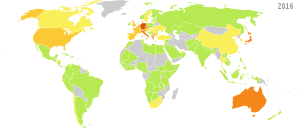 Worldwide installed photovoltaic capacity in "watts per capita" by country. Estimated figures for year 2016. Worldwide Photovoltaic Deployment in Watts per Capita by Country.svg