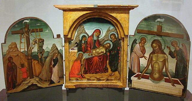 Deposition, Lamentation and Resurrection triptych by Nikolaos Zafouris, c. 1490s (National Museum, Warsaw).