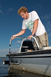 A scientist measures Kd(PAR) from a boat in the Chesapeake Bay. This is a measure of downwelling light attenuation using a flat-topped light sensor (small brown metal cylinder at left), called a cosine collector, to measure the light coming down onto a flat surface from above. (EPA Science Chesapeake Bay 2) 412-DSP-2-2012-08-29 MDNR SusquehannaFlats 015.jpg - DPLA - 8a697e8c61e6c57300120a90fbfacd4f.jpg