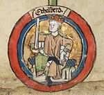 Miniature d'Æthelberht dans une généalogie royale du XIVe siècle (British Library, Royal MS 14 B VI).