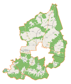 Mapa konturowa gminy wiejskiej Żary, u góry nieco na prawo znajduje się punkt z opisem „Bieniów”
