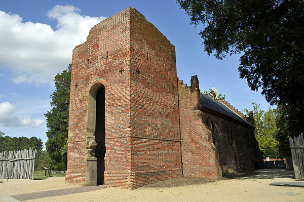 The ruined tower of the 17th century Jamestown Church; the nave was reconstructed in 1907 on its original foundations