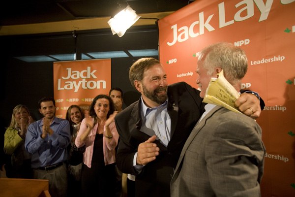 Tom Mulcair celebrates his by-election win with Jack Layton