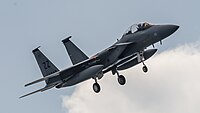 A US Air Force F-15D Eagle, tail number 83-0047, on final approach at Kadena Air Base in Okinawa, Japan.