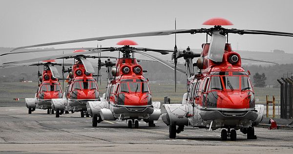 The airport is the world's busiest heliport. Here four helicopters are lined up in the morning waiting to begin the day's operations.