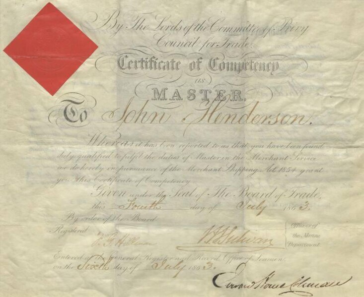 File:ABDMS003311.2 - Captain John Henderson - Master's certificate of John Henderson, part of the collection of papers of Captain John Henderson.jpeg