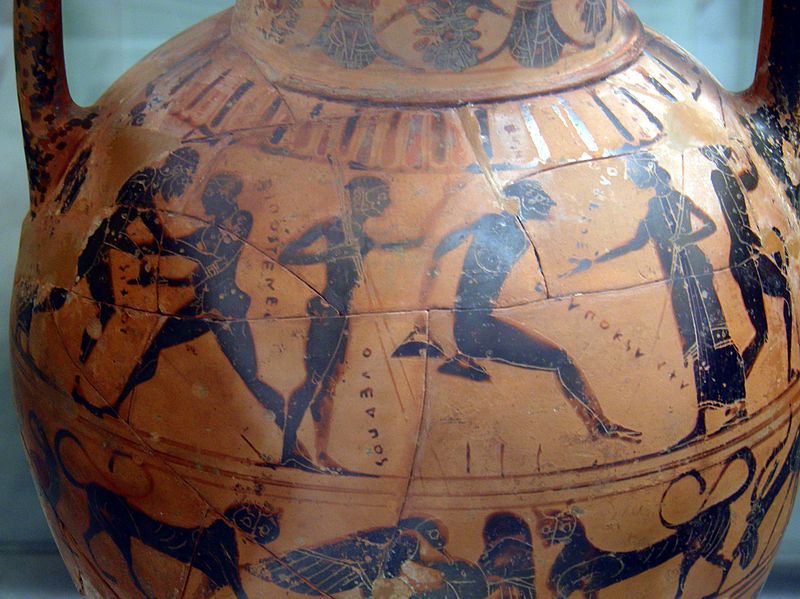 File:A competitor in the long jump, Black-figured Tyrrhenian amphora showing athletes and a combat scene, Greek, but made for the Etruscan market, 540 BC, found near Rome, Winning at the ancient Games, British Museum (7675656824).jpg