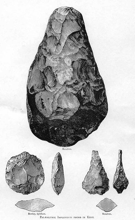 Acheulean handaxes from Kent. The types shown are (clockwise from top) cordate, ficron, and ovate.