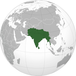 अफगानिस्तान, बंगलादेश, भुटान, भारत, माल्दिभ्स, म्यानमार, नेपाल, पाकिस्तान, श्रीलंका र तिब्बत चित्रण गर्दै अखण्ड भारतको अवधारणाको नक्सा[१]