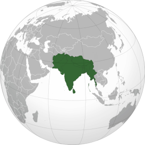 A map of the concept of Akhand Bharat, depicting Afghanistan, Bangladesh, Bhutan, India, Maldives, Myanmar, Nepal, Pakistan, Sri Lanka and Tibet. Akhand Bharat (orthographic projection).svg