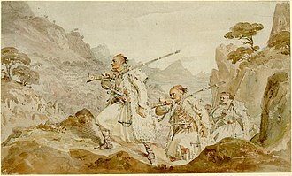 Painting of Albanian palikars displayed in the British Museum, London Albanian Palikars in pursuit of an enemy -- Charles Robert Cockerell, 1813-1814 -- British Museum, inv. 1923,0113.30.jpg