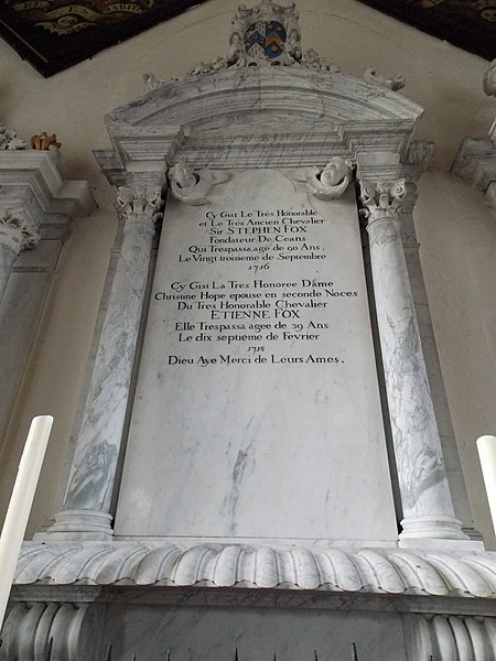 Mural monument to Sir Stephen Fox and his second wife in the Ilchester Chapel of All Saints Church, Farley. Unusually the inscription is in French, in
