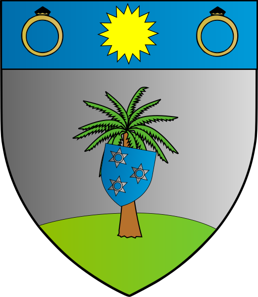 File:Argent a palm tree on a mount vert with a scutcheon azure charged with three pierced molets argent hanging from the branches and a chief azure with a sun therein between two gem ringsor.svg