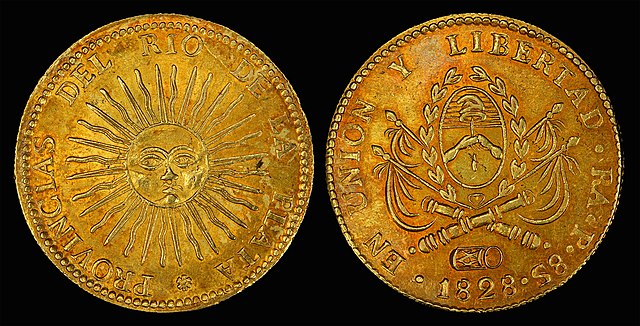 Золотая монета в 8 эскудо Соединённых провинций Южной Америки 1828 года