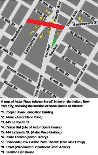 <span class="mw-page-title-main">Astor Place</span> Street in Manhattan, New York