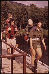 The hiking family in 1973 BACKPACKING FAMILY WITH CHILDREN ON THEIR BACKS CROSSES THE BRIDGE AT MARCY DAM, NEW YORK, IN THE ADIRONDACK FOREST... - NARA - 554506.jpg